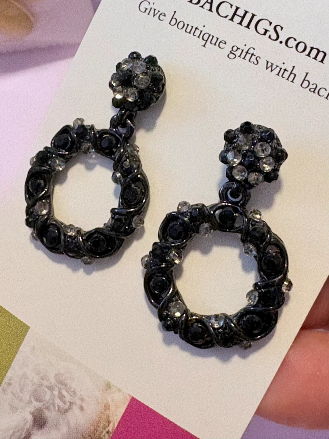 Black Circle Hoop Earrings with Rhinestones - photo 2