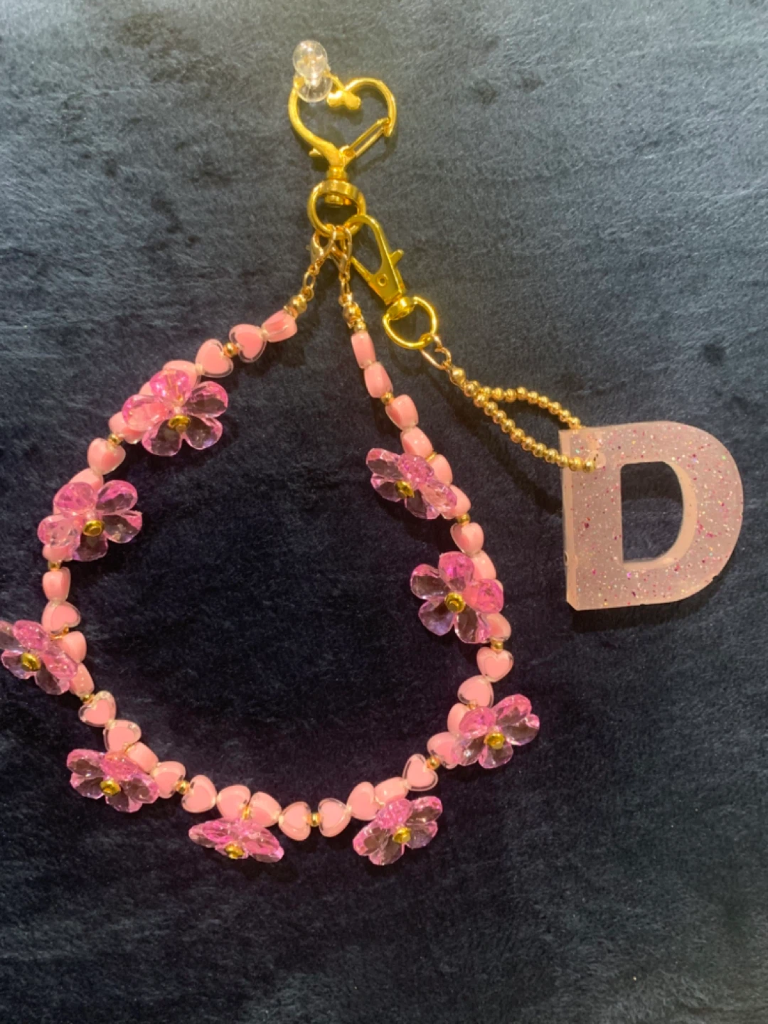 Pink Beaded Flower Keychain with Letter D Charm