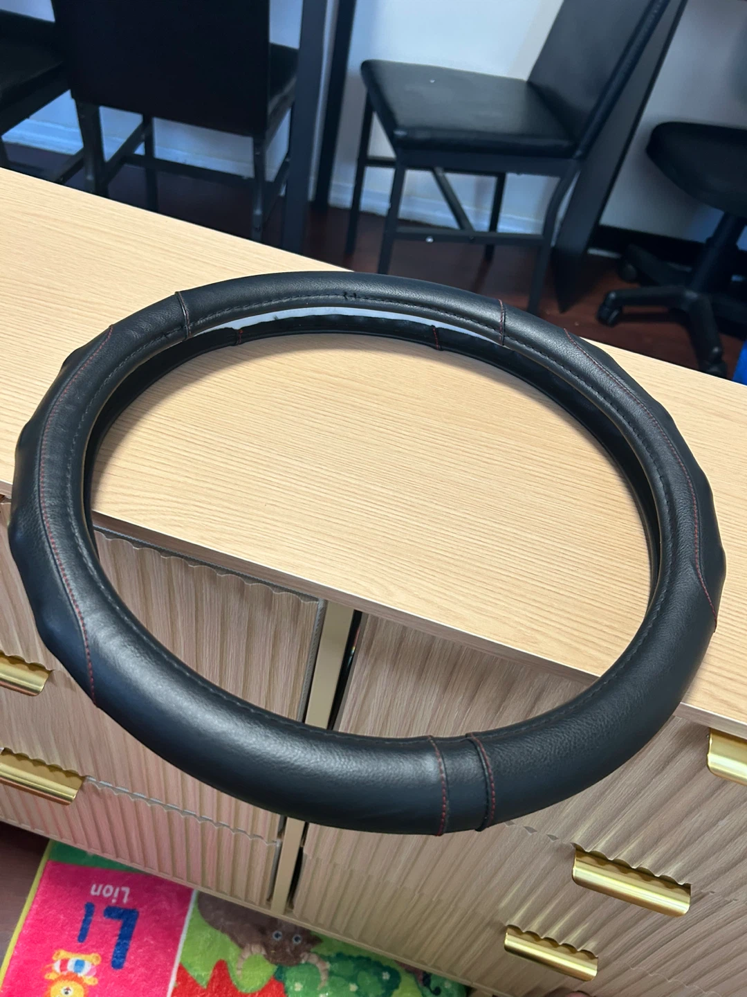 Black Leather Steering Wheel Cover with Red Stitching