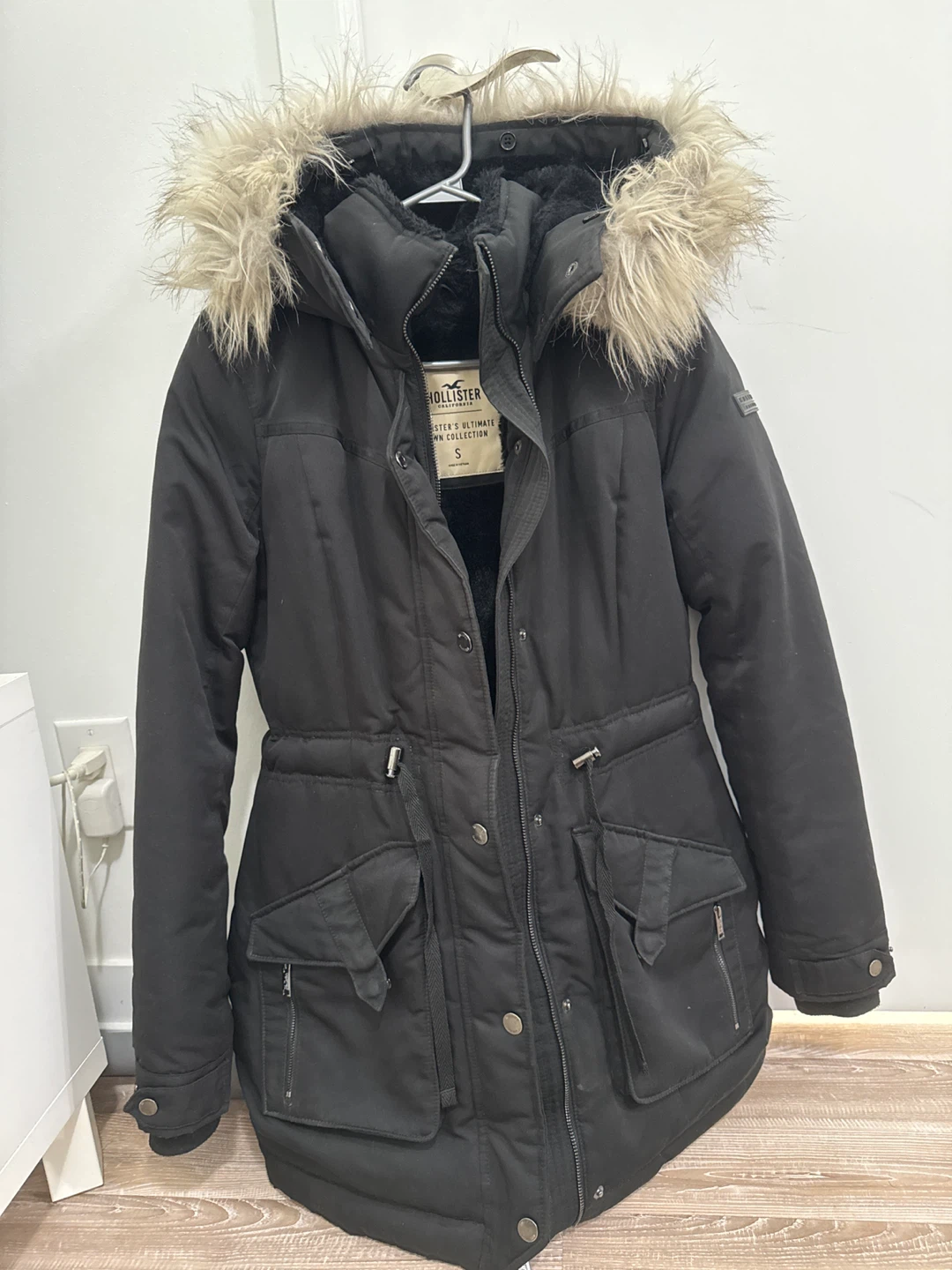 Hollister Black Parka Jacket with Faux Fur Hood