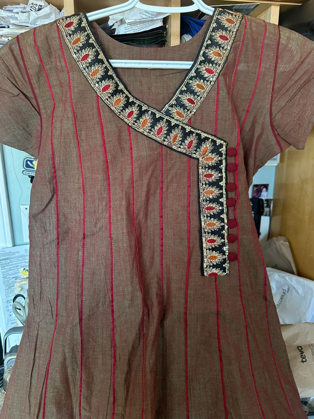 Brown Kurti with Red Stripes and Embroidered Neckline Size M
