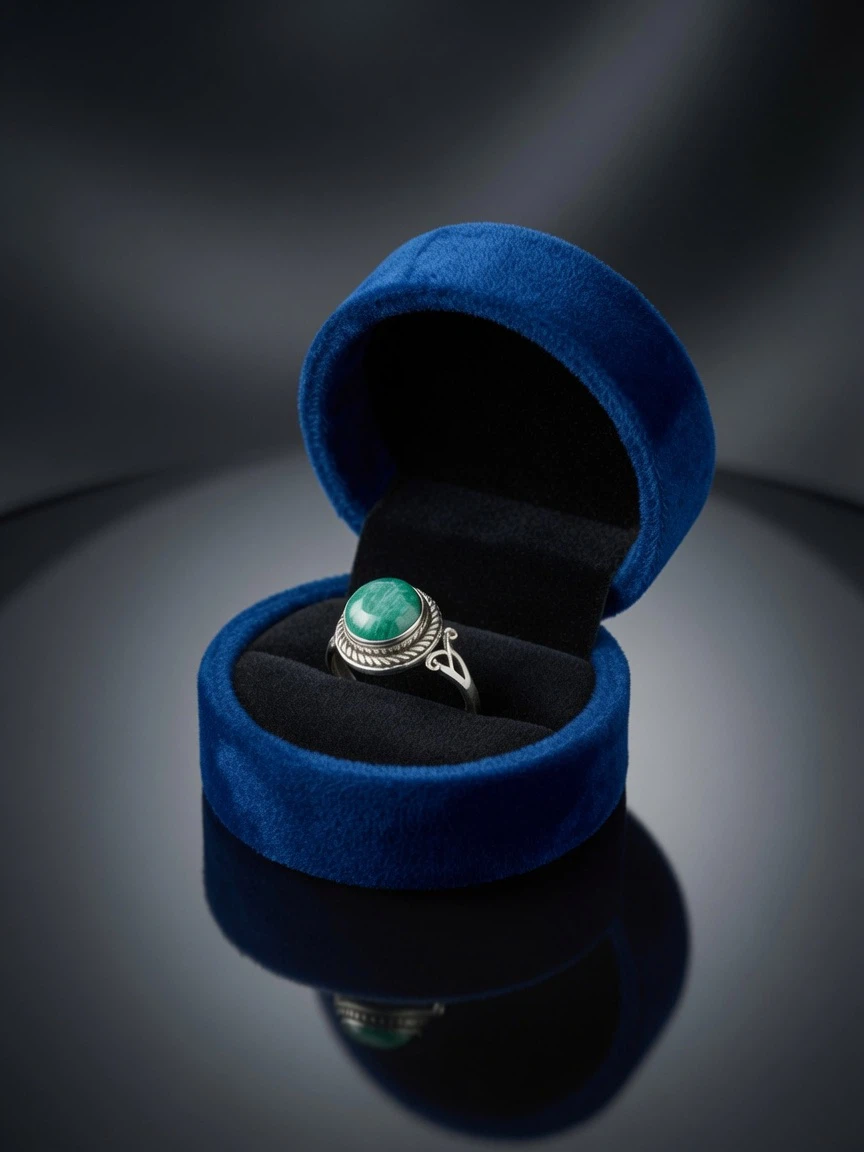 Ring with green stone in blue box