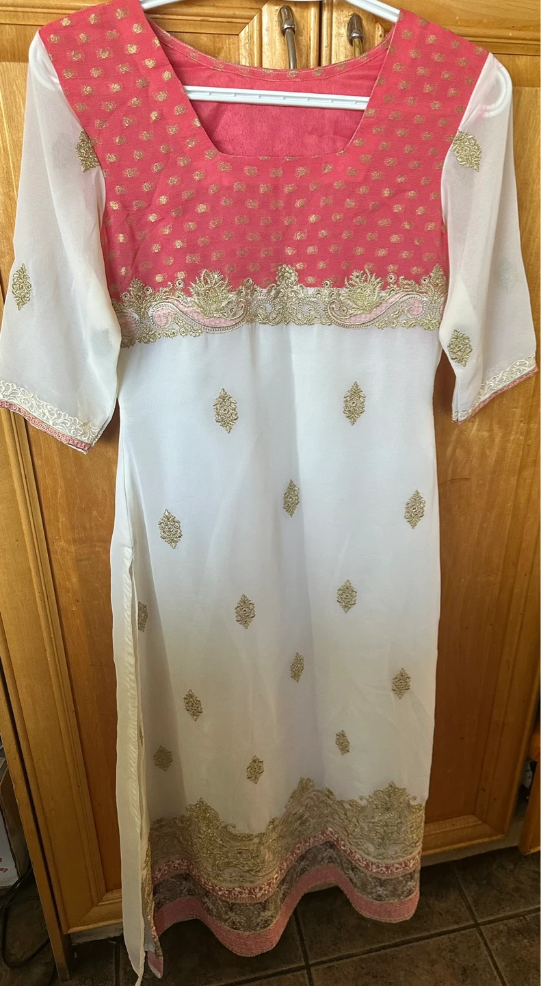 White and Pink Kurti with Gold Embellishments