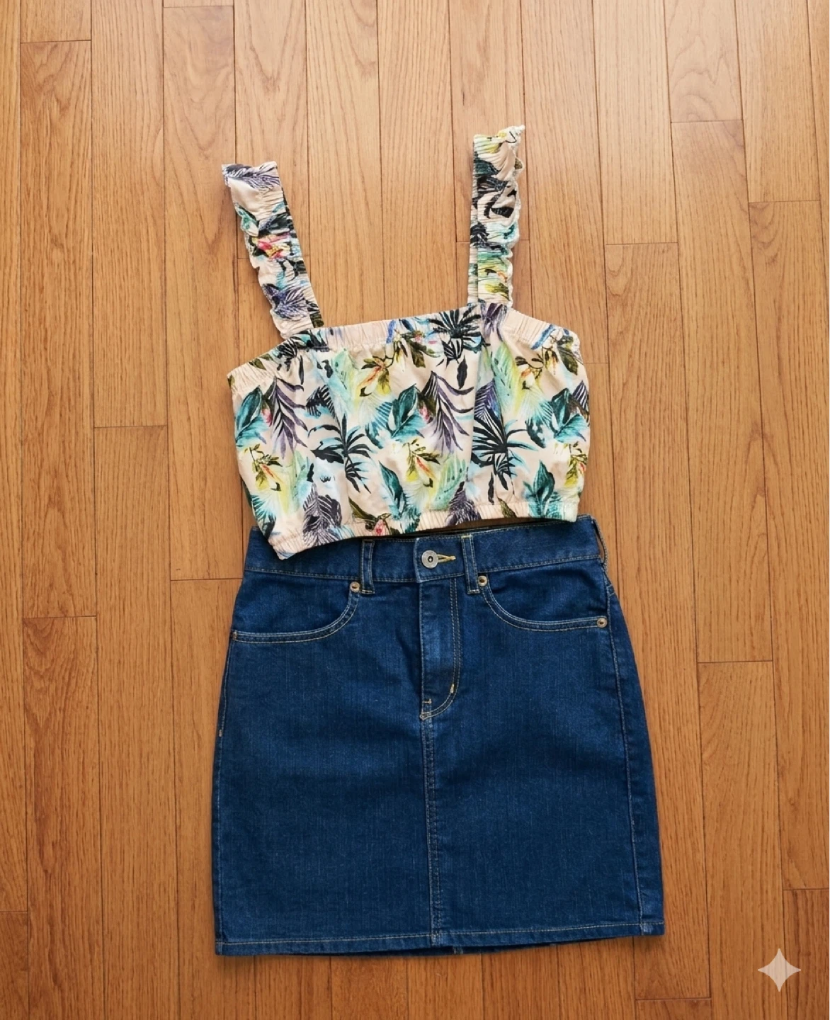 Tropical Print Crop Top & Denim Skirt Set