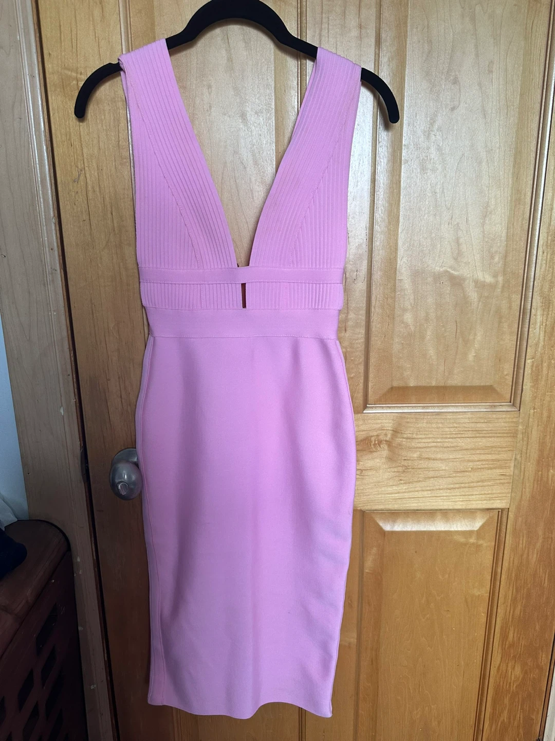Pink V-Neck Bodycon Midi Dress