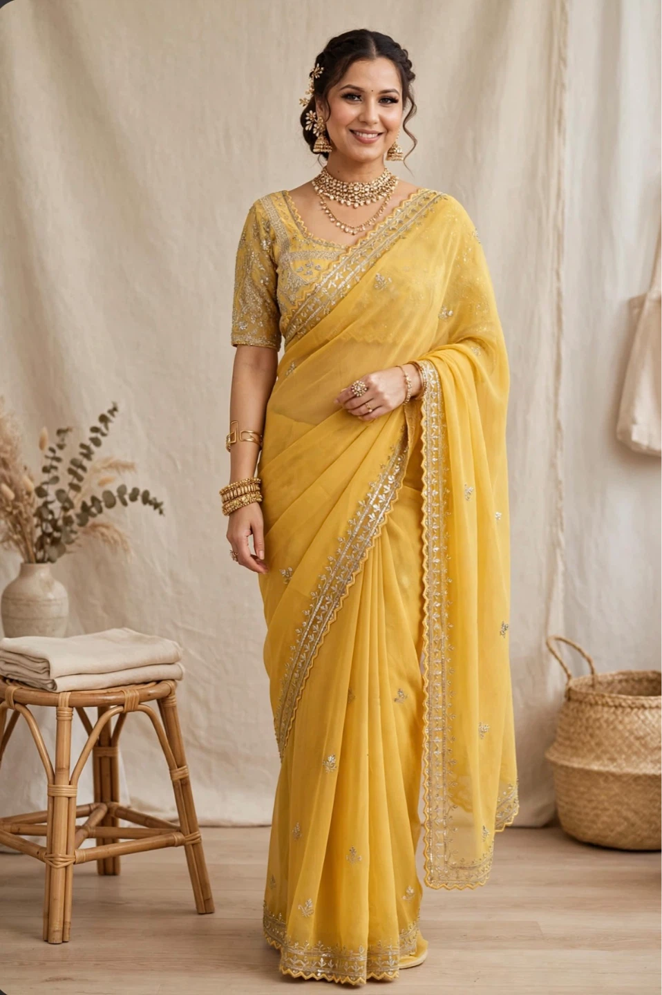 Yellow Sari with Embellishments