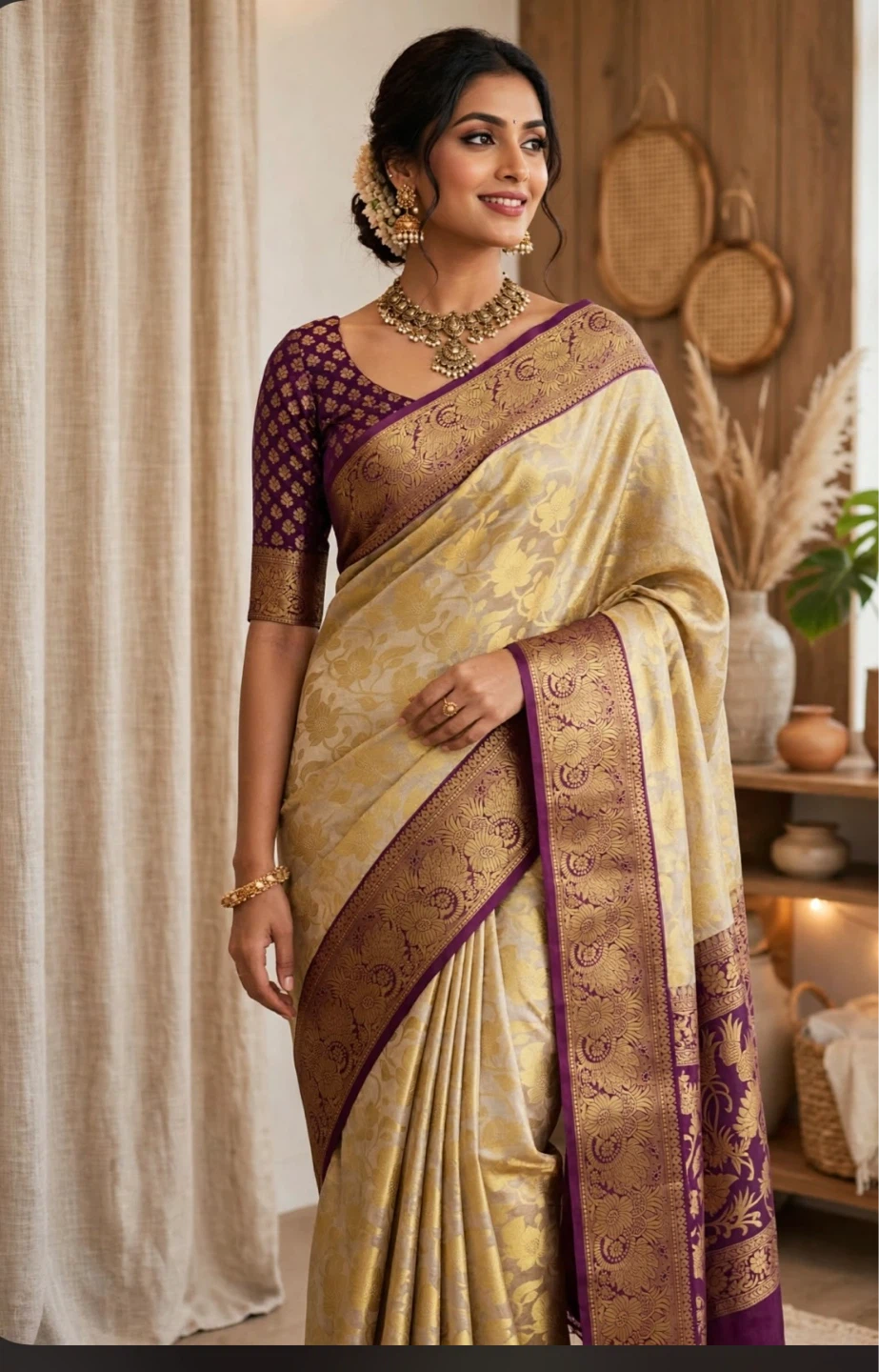 Elegant Yellow Saree with Purple Border