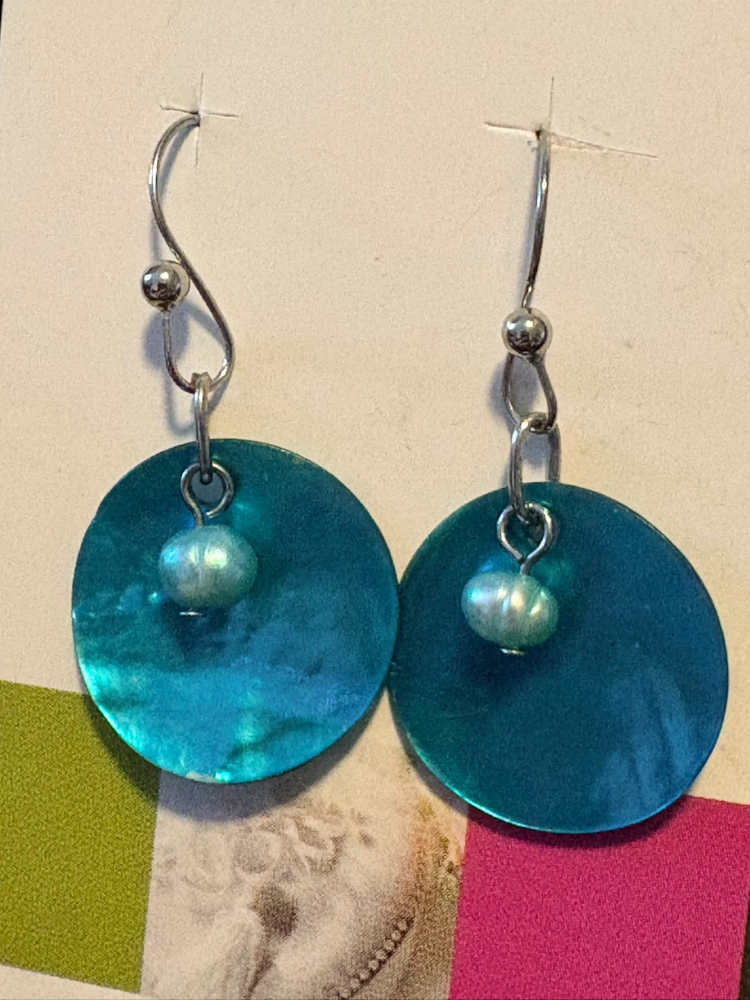 Turquoise Round Shell & Pearl Dangle Earrings