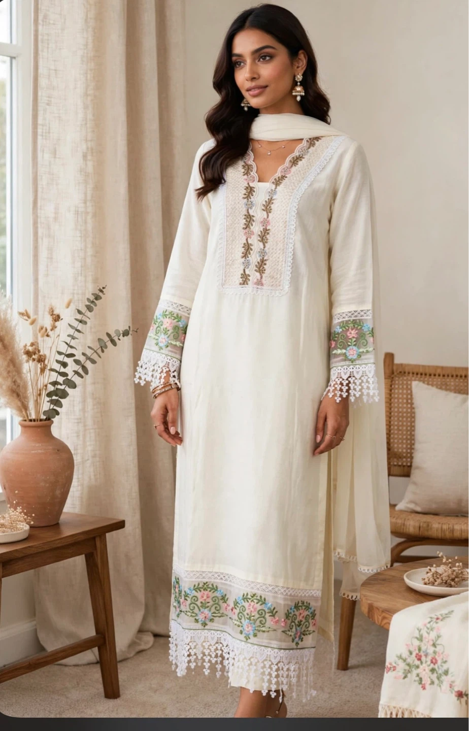 Embroidered cream-coloured kurta set