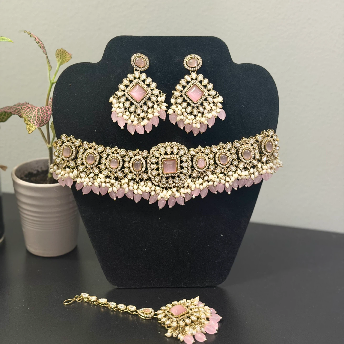 Pink Gemstone Jewellery Set with Earrings and Tikka