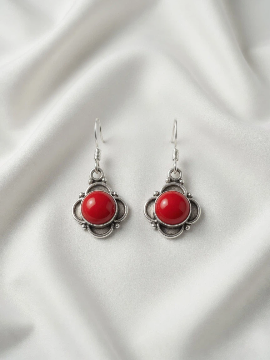 Sterling Silver Tone Red Stone Dangle Earrings