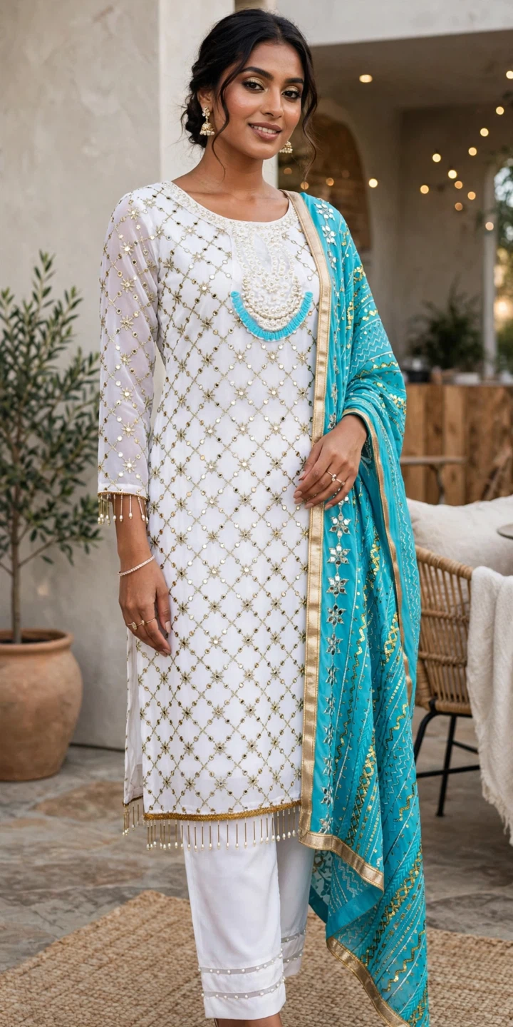 Embellished White suit With Teal Scarf