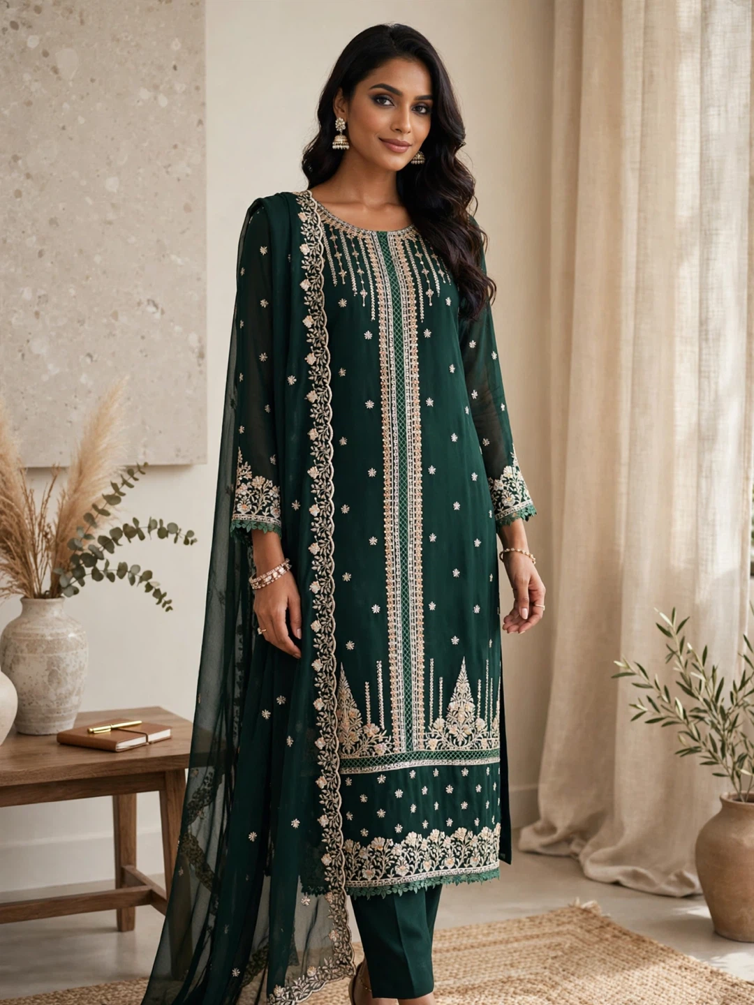 Embroidered Dark Green Suit