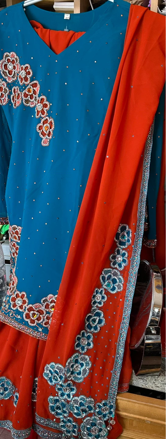 Teal and Orange Embellished Salwar Kameez