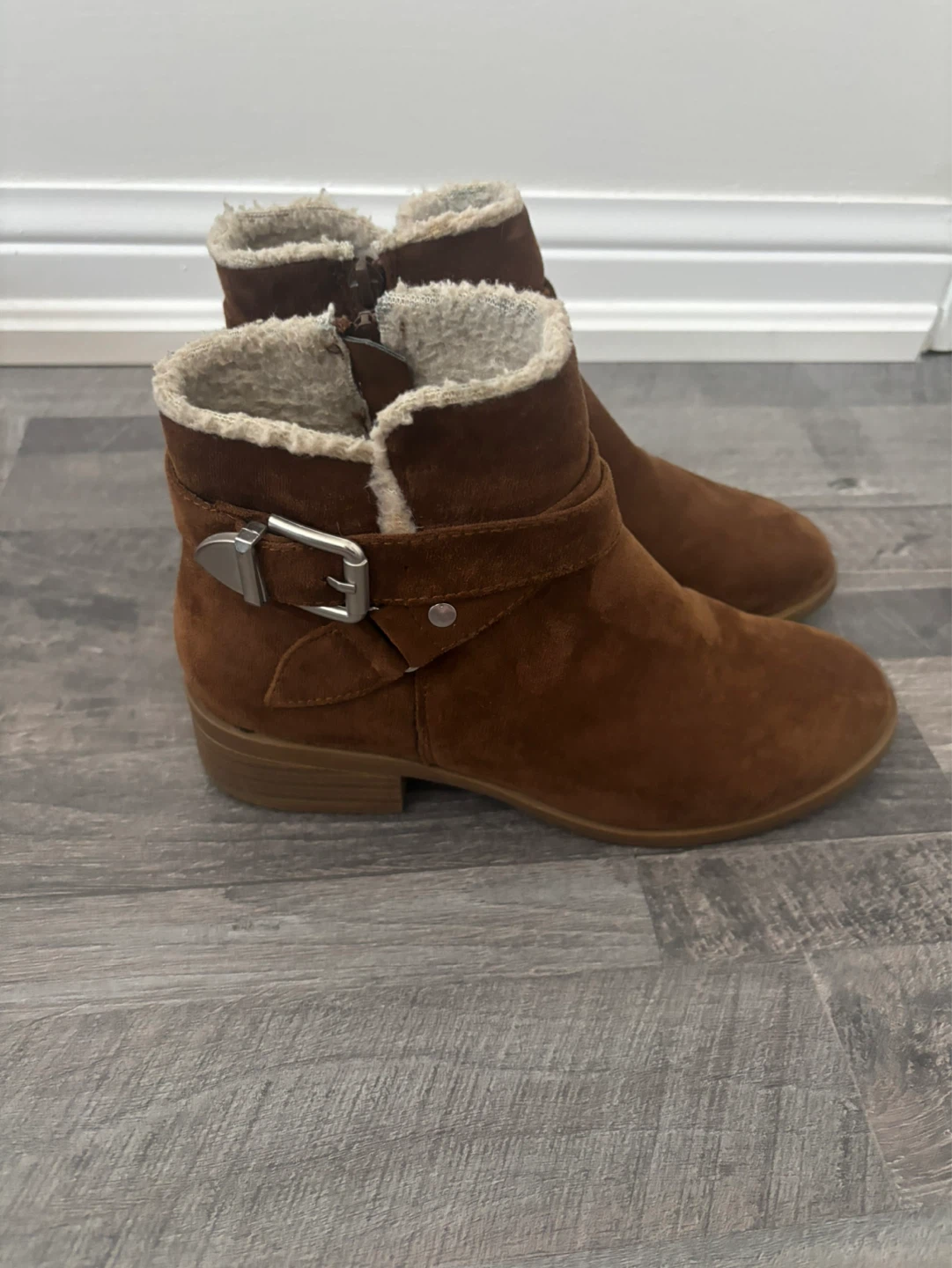 Brown Faux Suede Ankle Boots with Shearling Lining