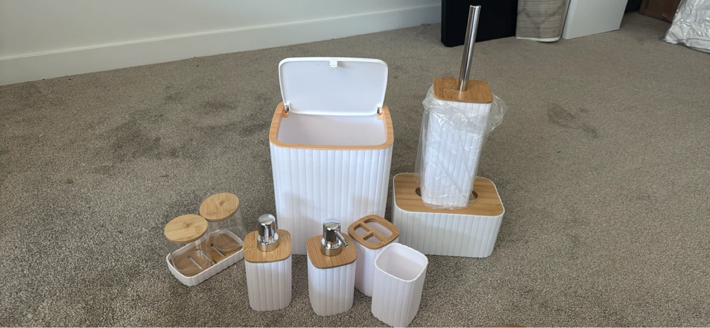 White Bathroom Accessory Set with Bamboo Accents