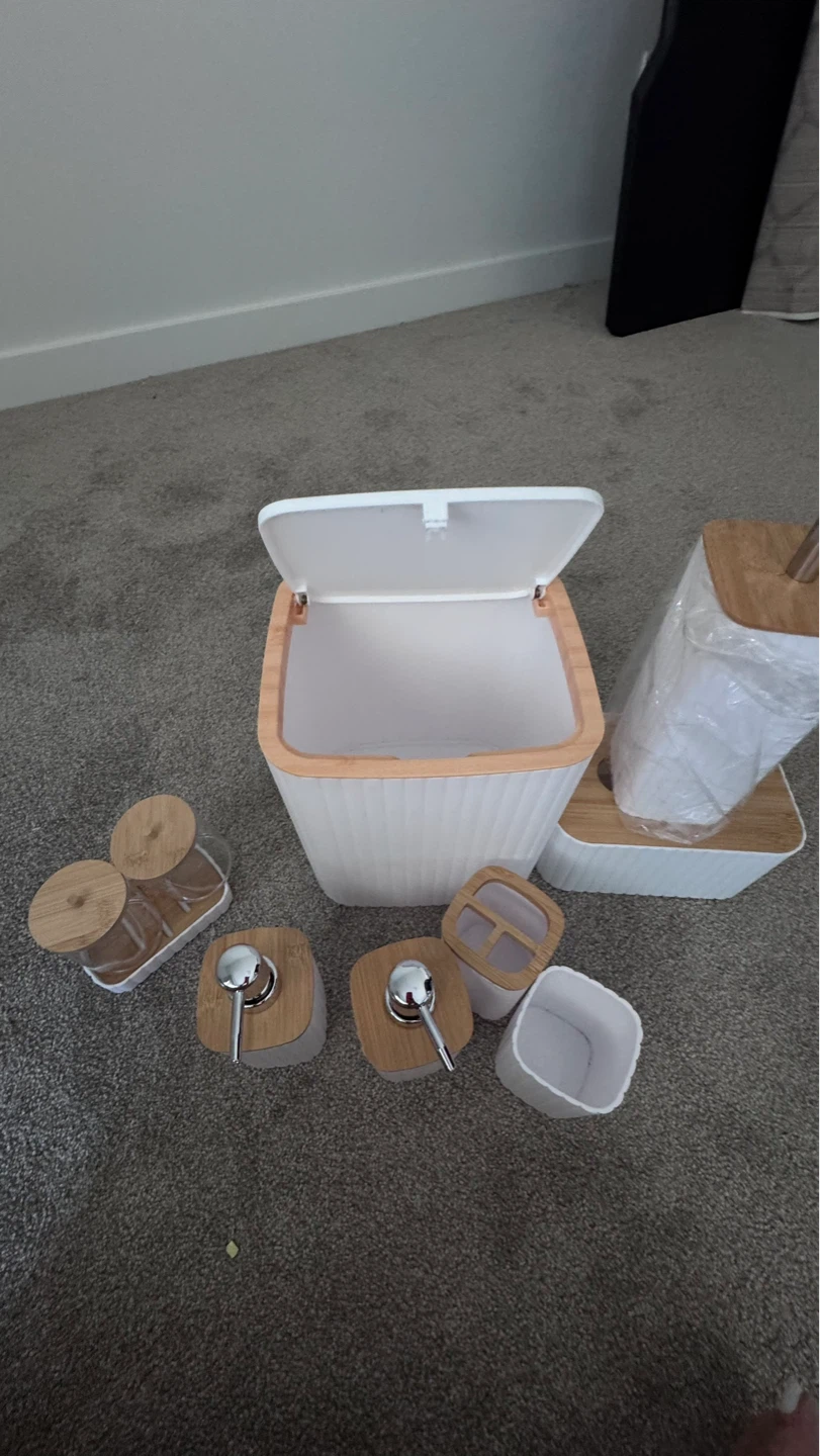White Bathroom Accessory Set with Bamboo Accents - photo 2