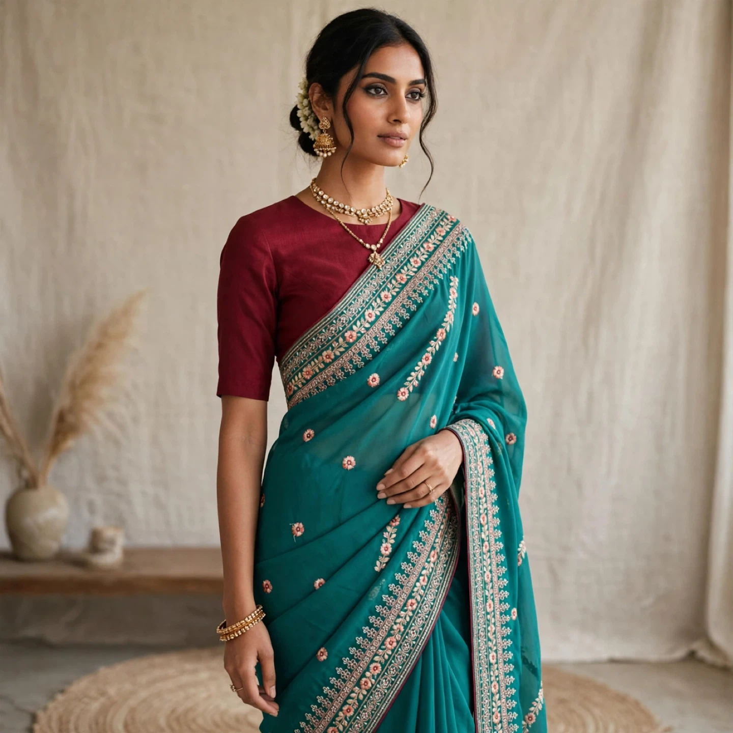 Emerald Green Saree with Floral Embroidery