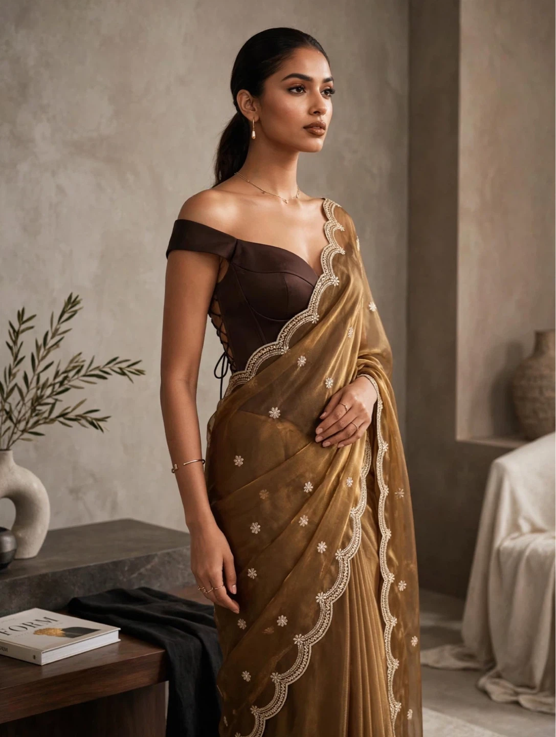 Elegant Brown Fabric with Embroidered Detailing saree