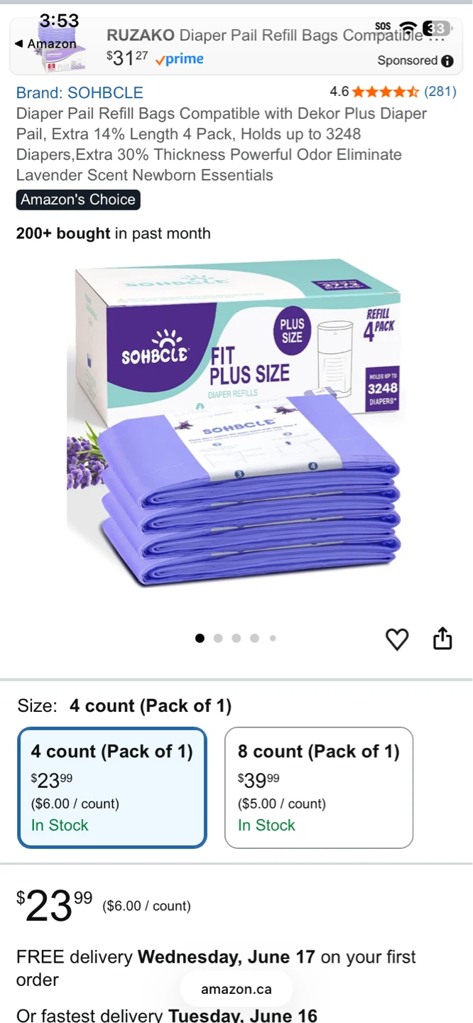 SOHBCLE Diaper Pail Refill Bags - Lavender Scent (4 Pack)