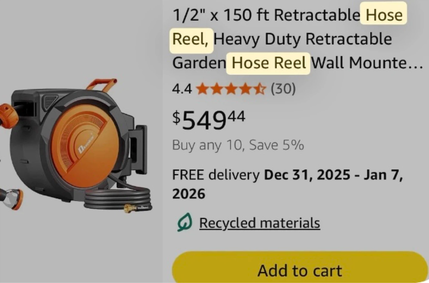 1/2" x 150 ft Retractable Garden Hose Reel