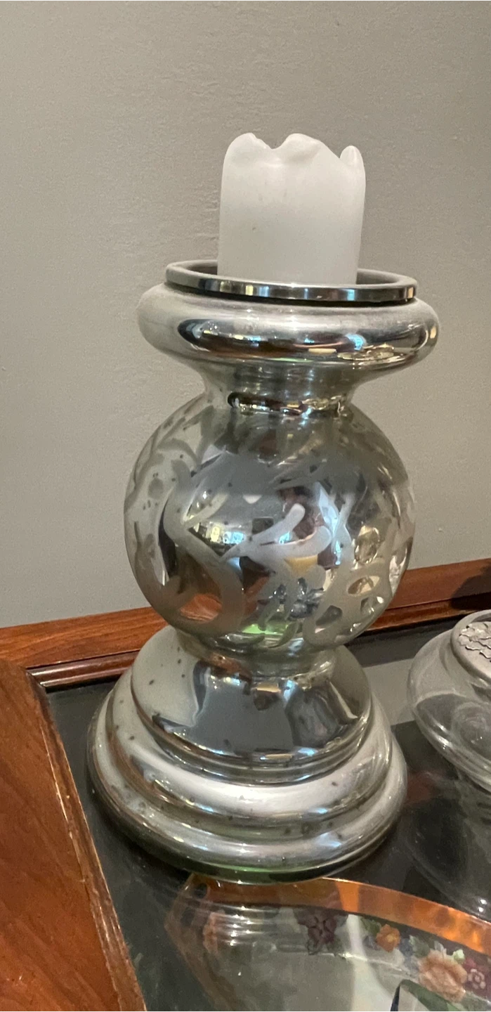 Silver Glass Candlestick with Etched Design