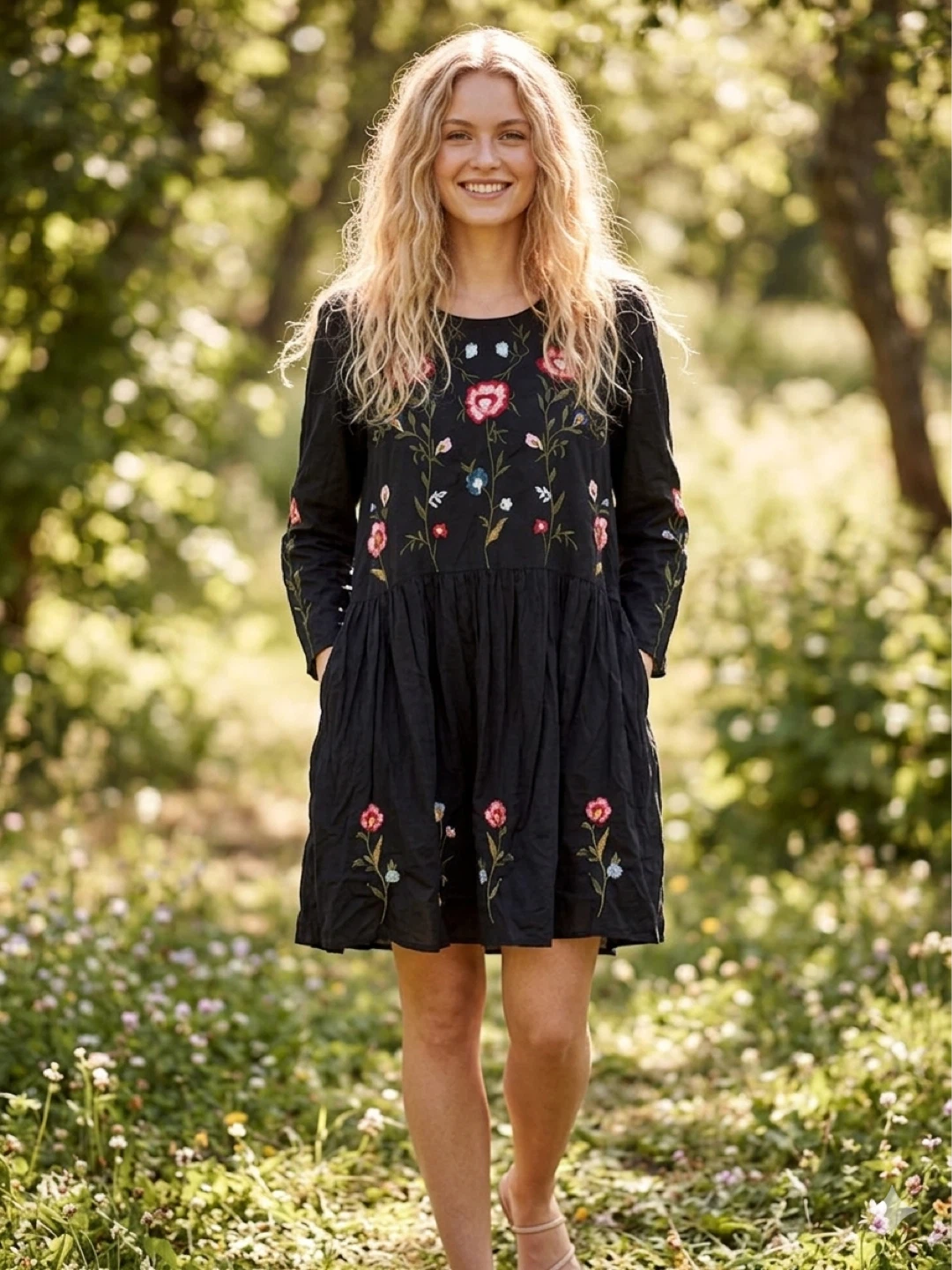Lindex Embroidered Black Dress - size L