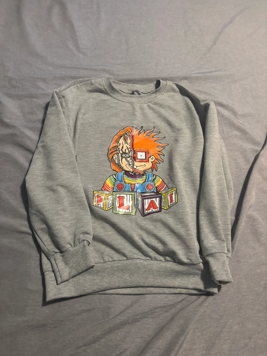 Grey Chucky "PLAY" Graphic Sweatshirt new size 10