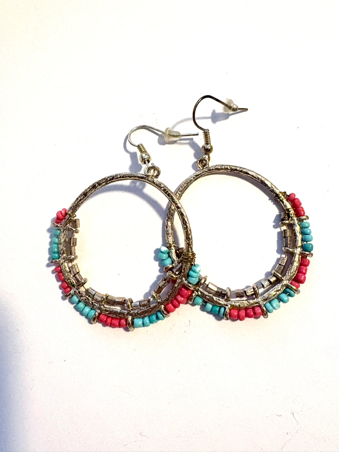 Gold Beaded Hoop Earrings with turquoise and orange