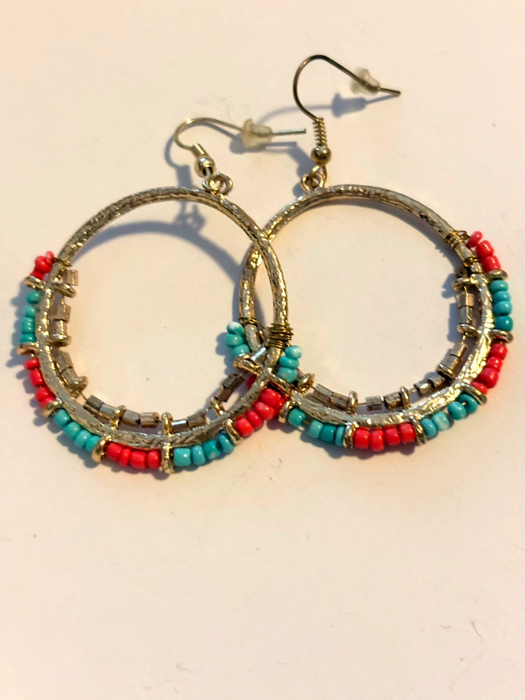Gold Beaded Hoop Earrings with turquoise and orange - photo 2