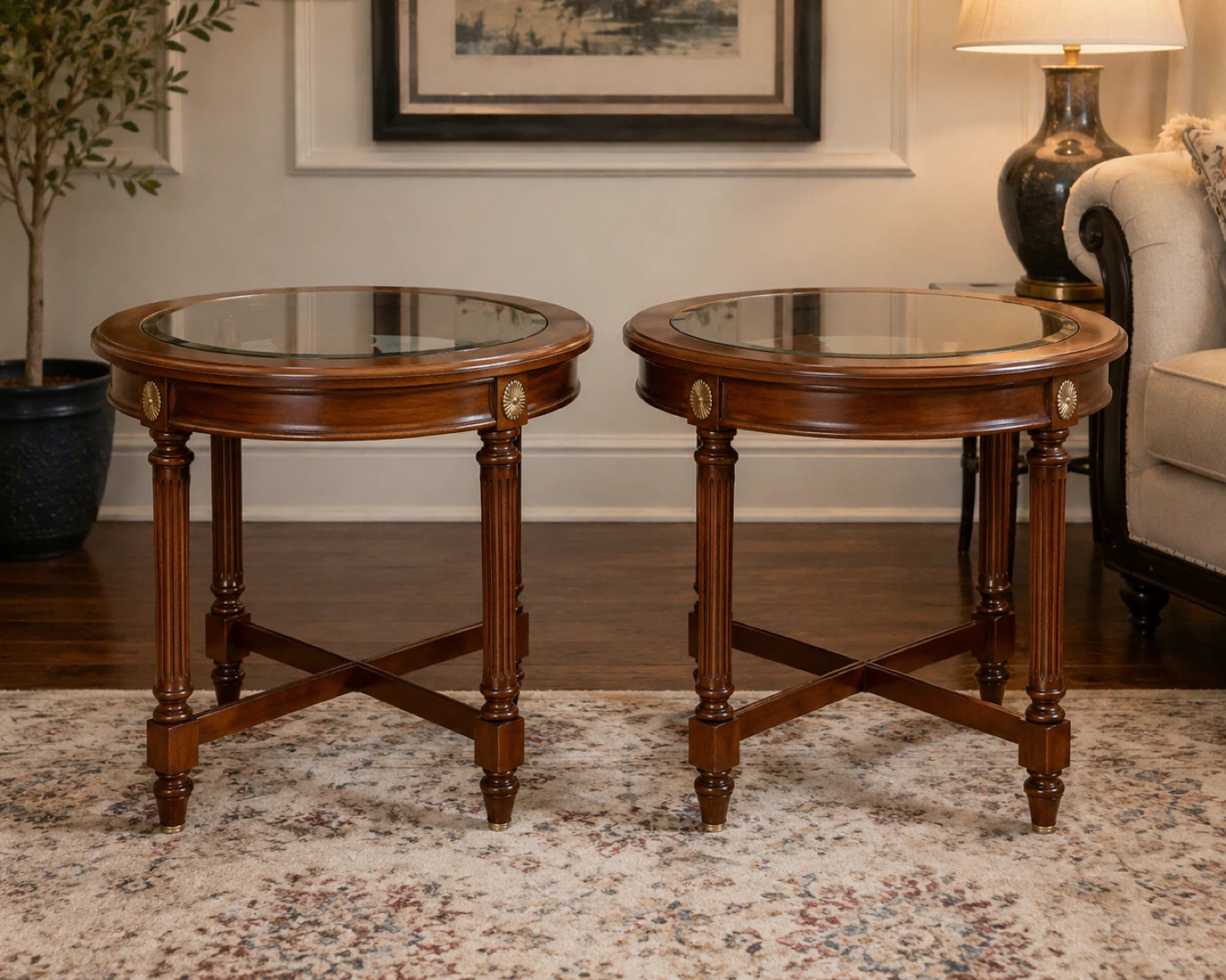 Round Wood Accent Table with Glass Top