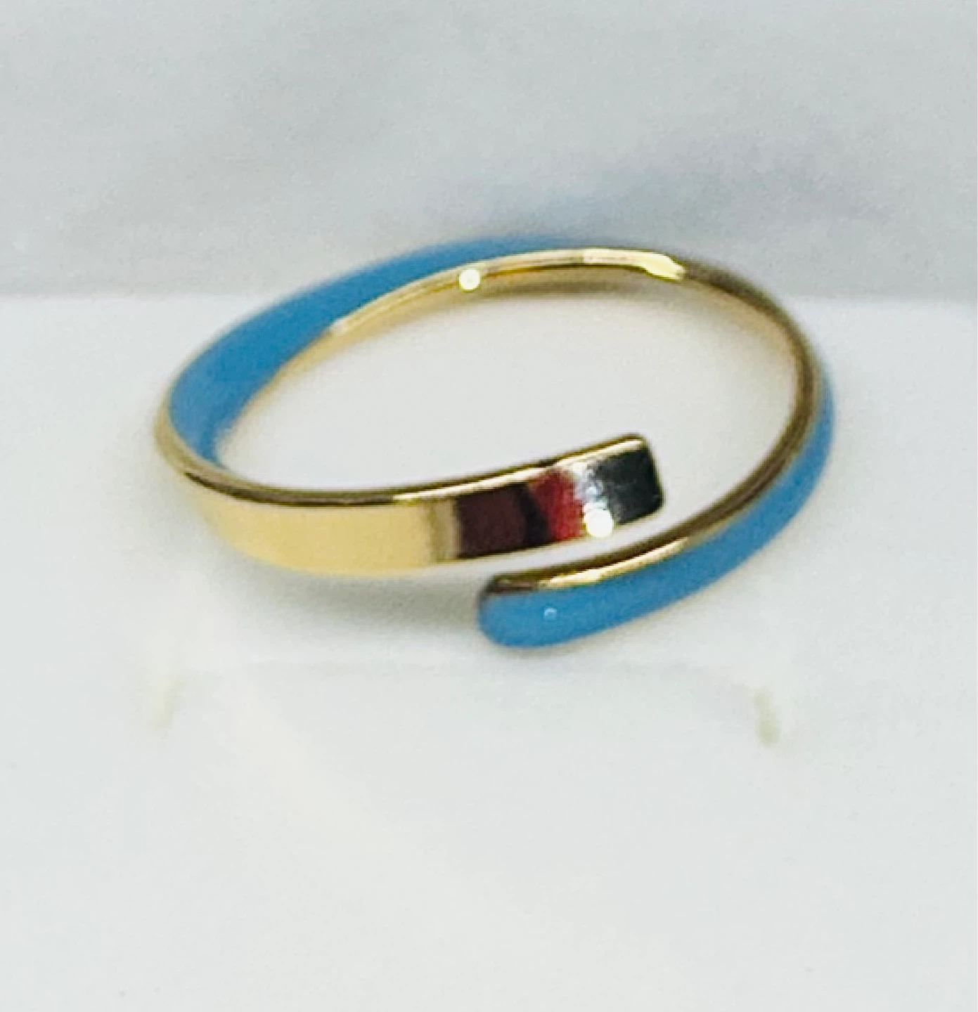 14K Gold Plated Art Deco Wrap Ring w Light Blue Enamel