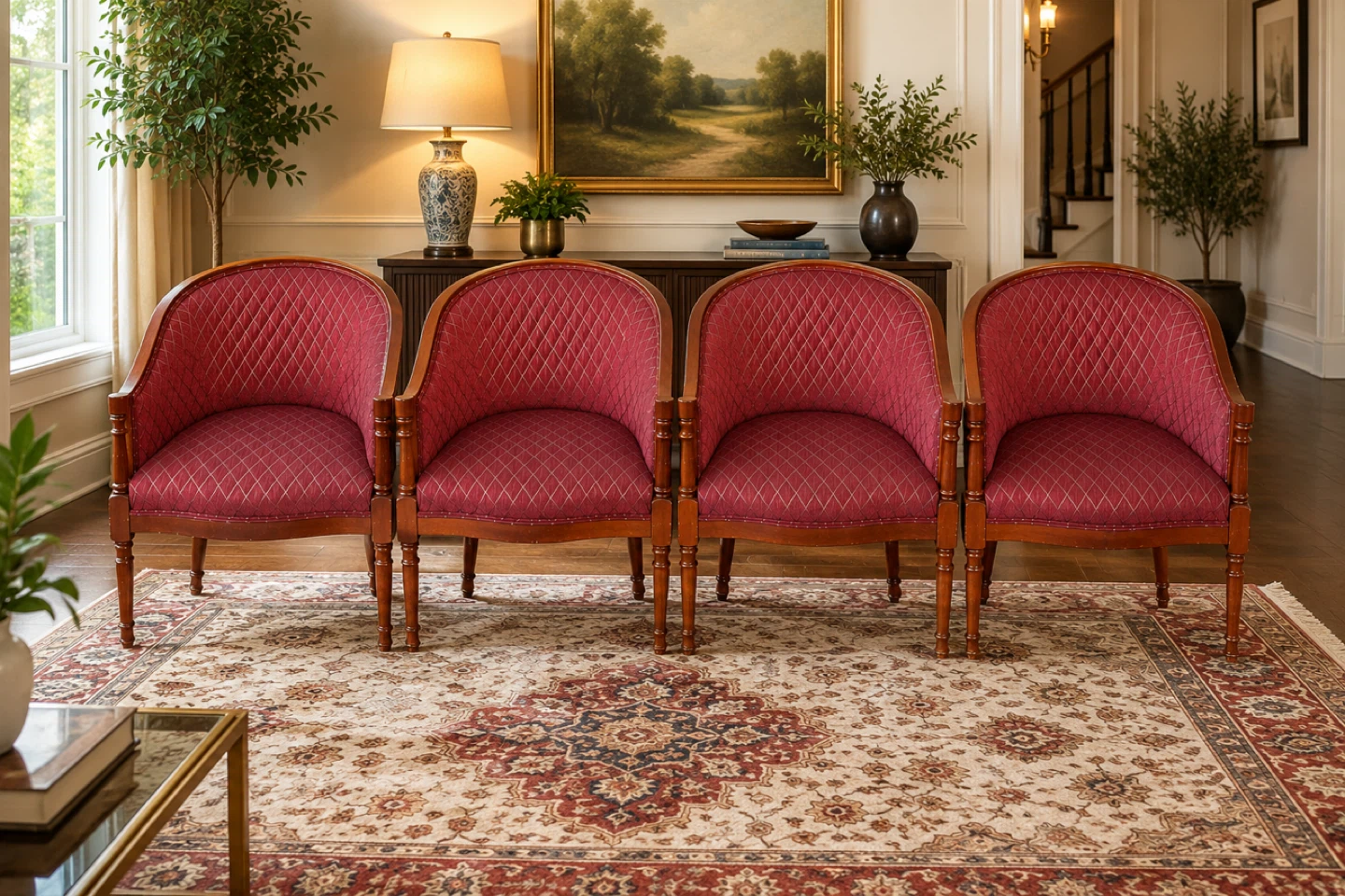 Set of 4 Barrel Chairs - Red Damask Pattern
