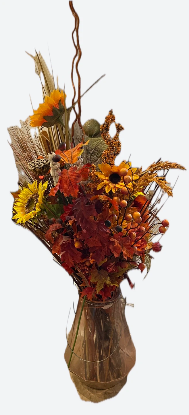Fall Floral Arrangement in Amber Vase