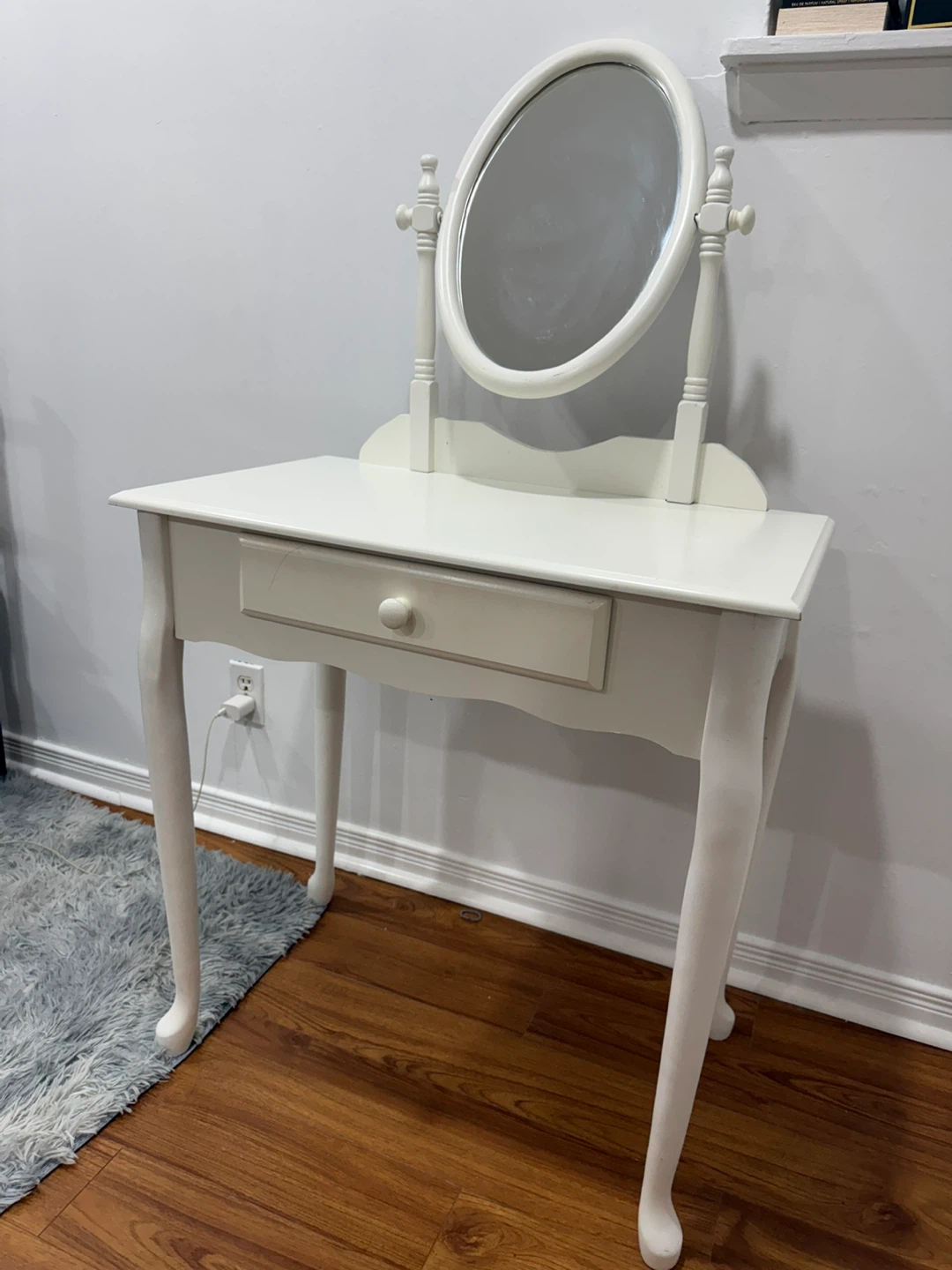 White Vanity Table with Oval Mirror and Drawer