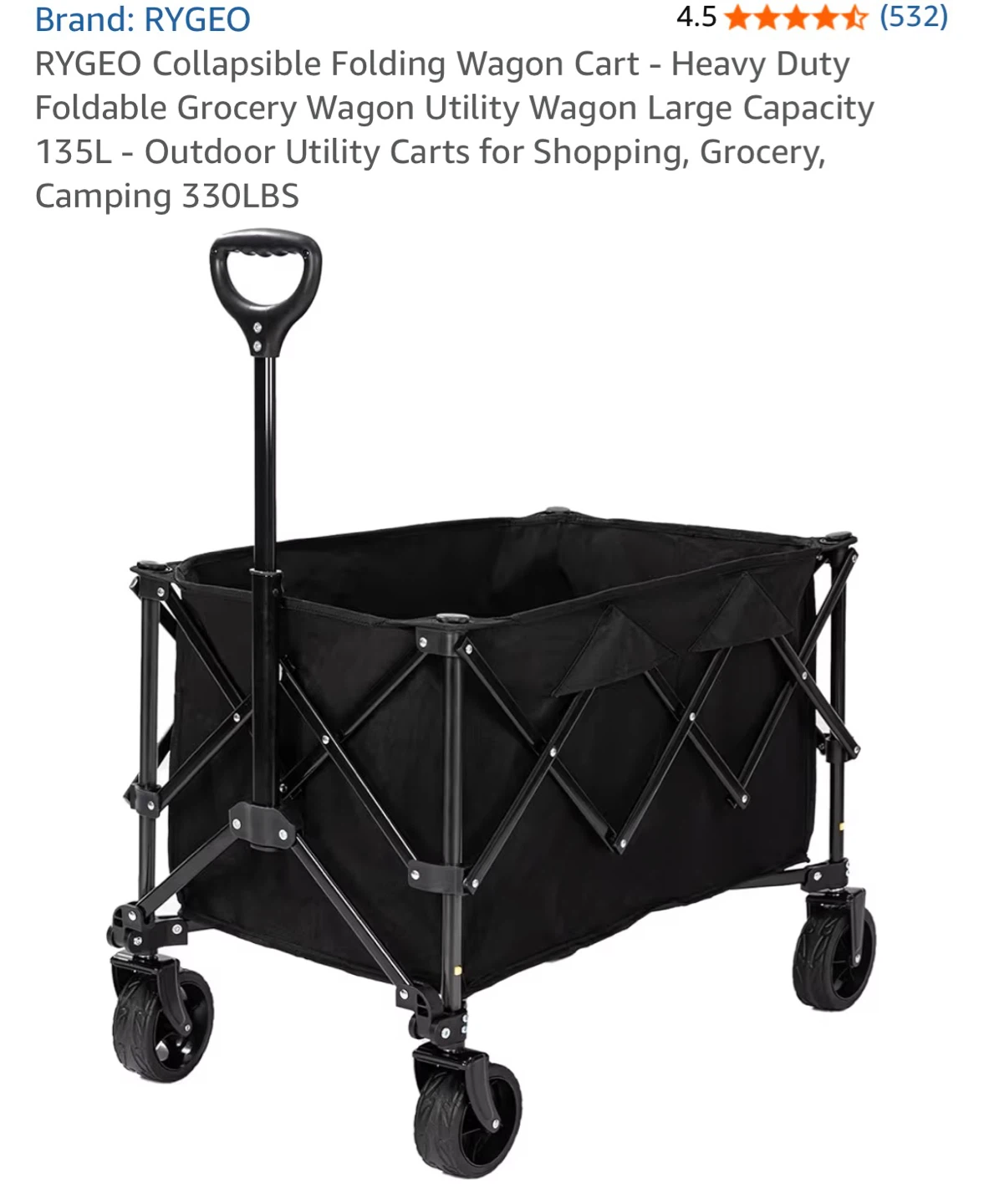 RYGEO Collapsible Folding Wagon Cart - 135L