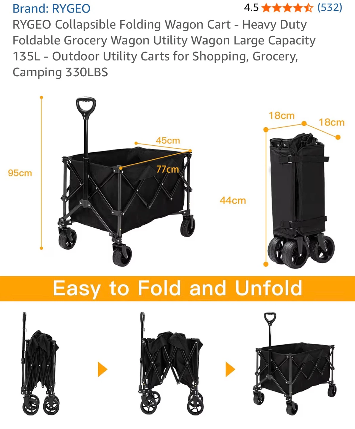 RYGEO Collapsible Folding Wagon Cart - 135L - photo 2