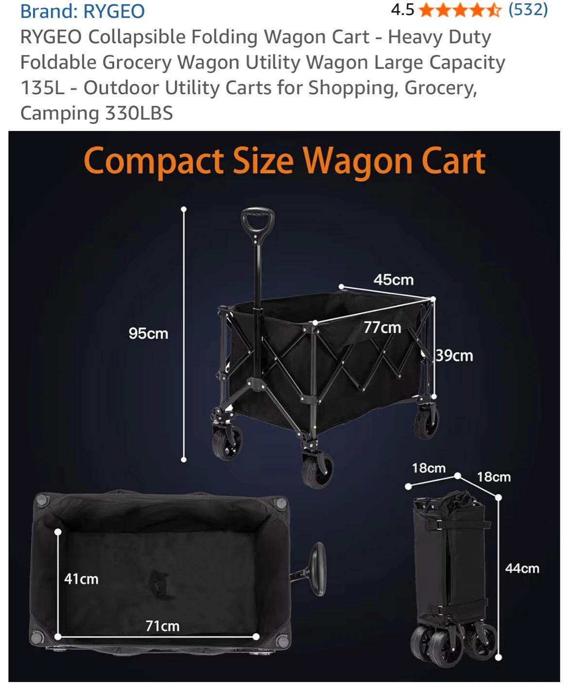 RYGEO Collapsible Folding Wagon Cart - 135L - photo 3