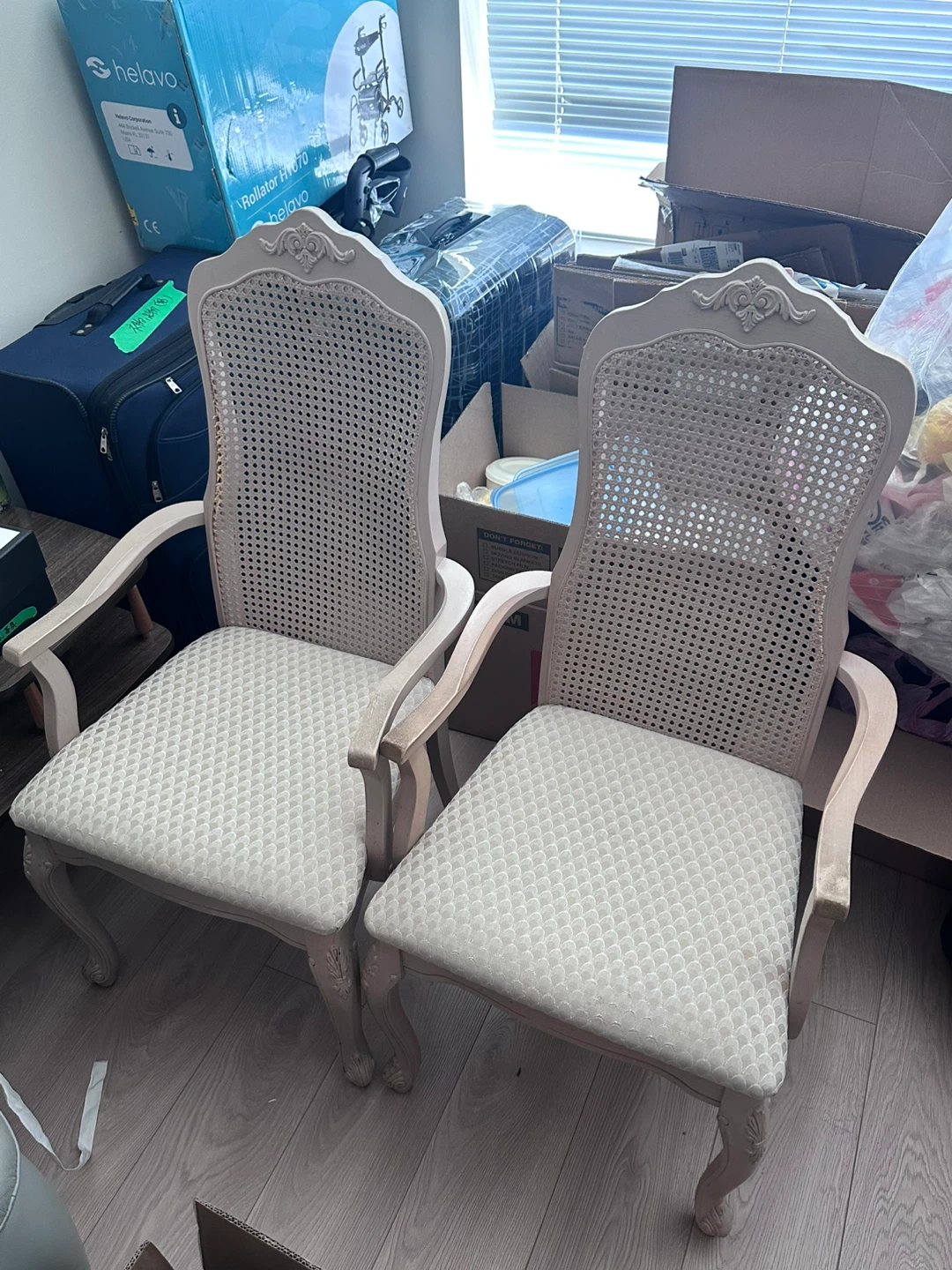Carved Cane-Back Dining Chairs in Light Beige  - Set of 2