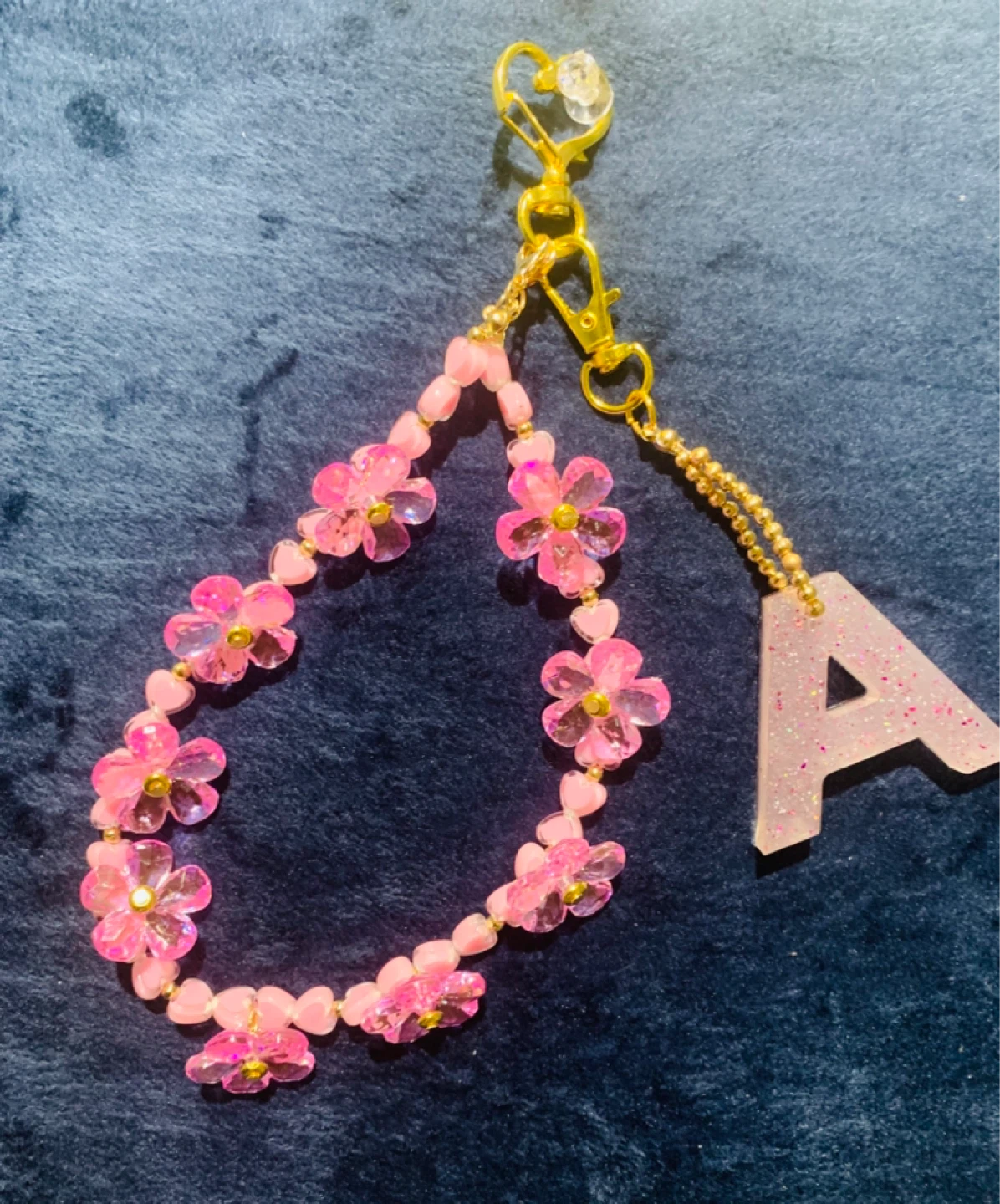 Customized  Pink Flower Beaded Keychain with Letter A Charm