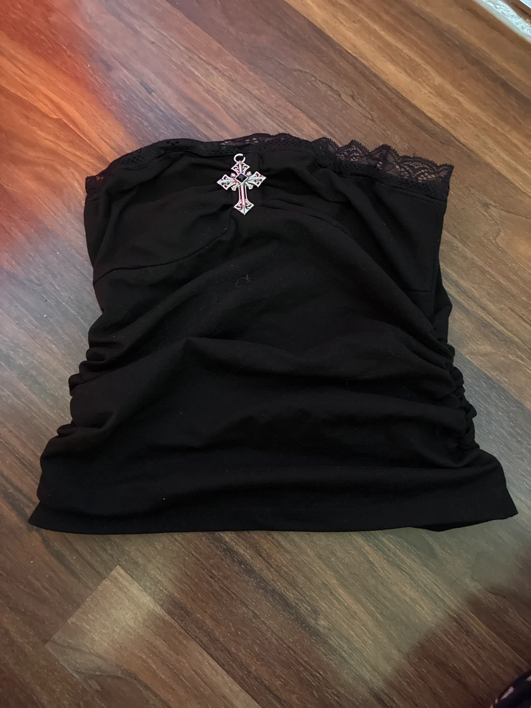 Black Ruched Tube Top with Cross Embellishment