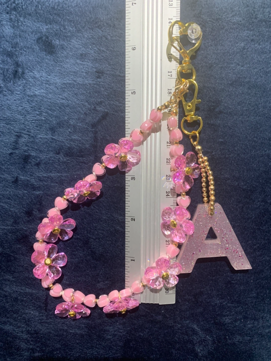 Customized  Pink Flower Beaded Keychain with Letter A Charm - photo 2
