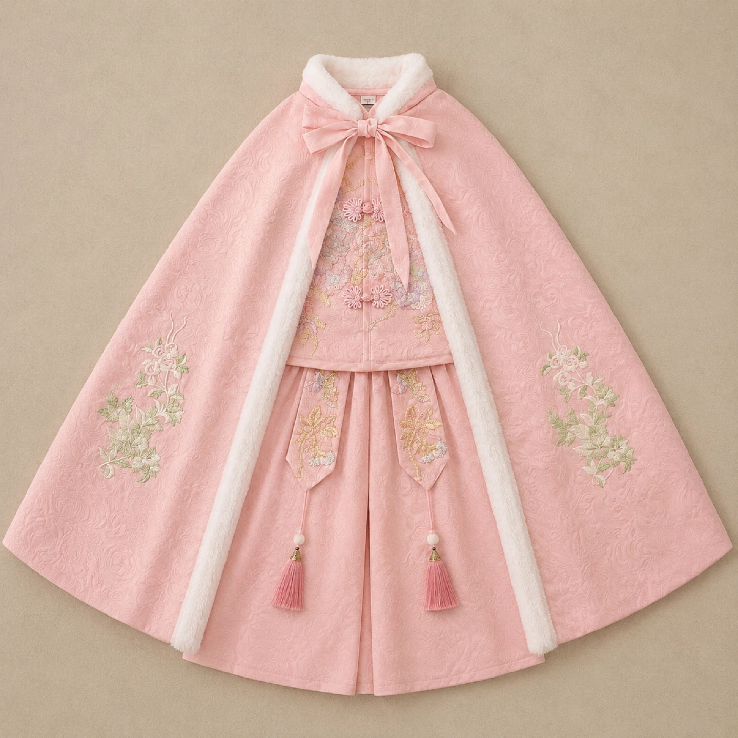 Pink Embroidered Cape with Faux Fur Trim