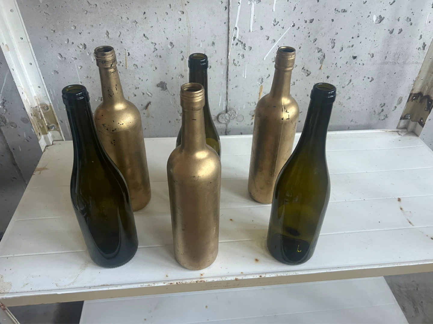 Set of 6 Gold and Green Glass Bottles