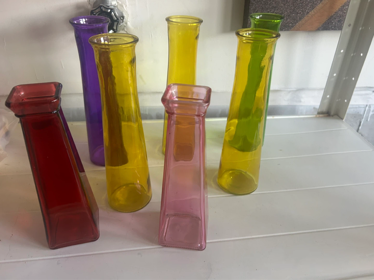 Set of 6 coloured glass bud vases
