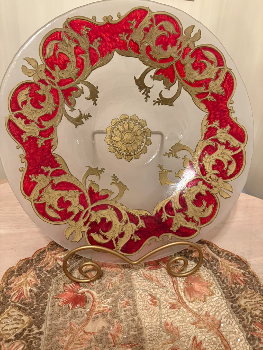 Decorative Glass Bowl with Red and Gold Ornate Design