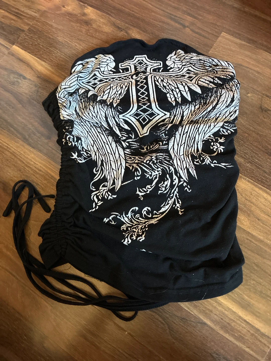 Black Ruched Tube Top with Angelic Cross Graphic