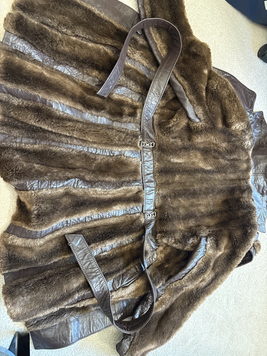 Brown Faux Fur and Leather Trimmed Coat with Belt - photo 3