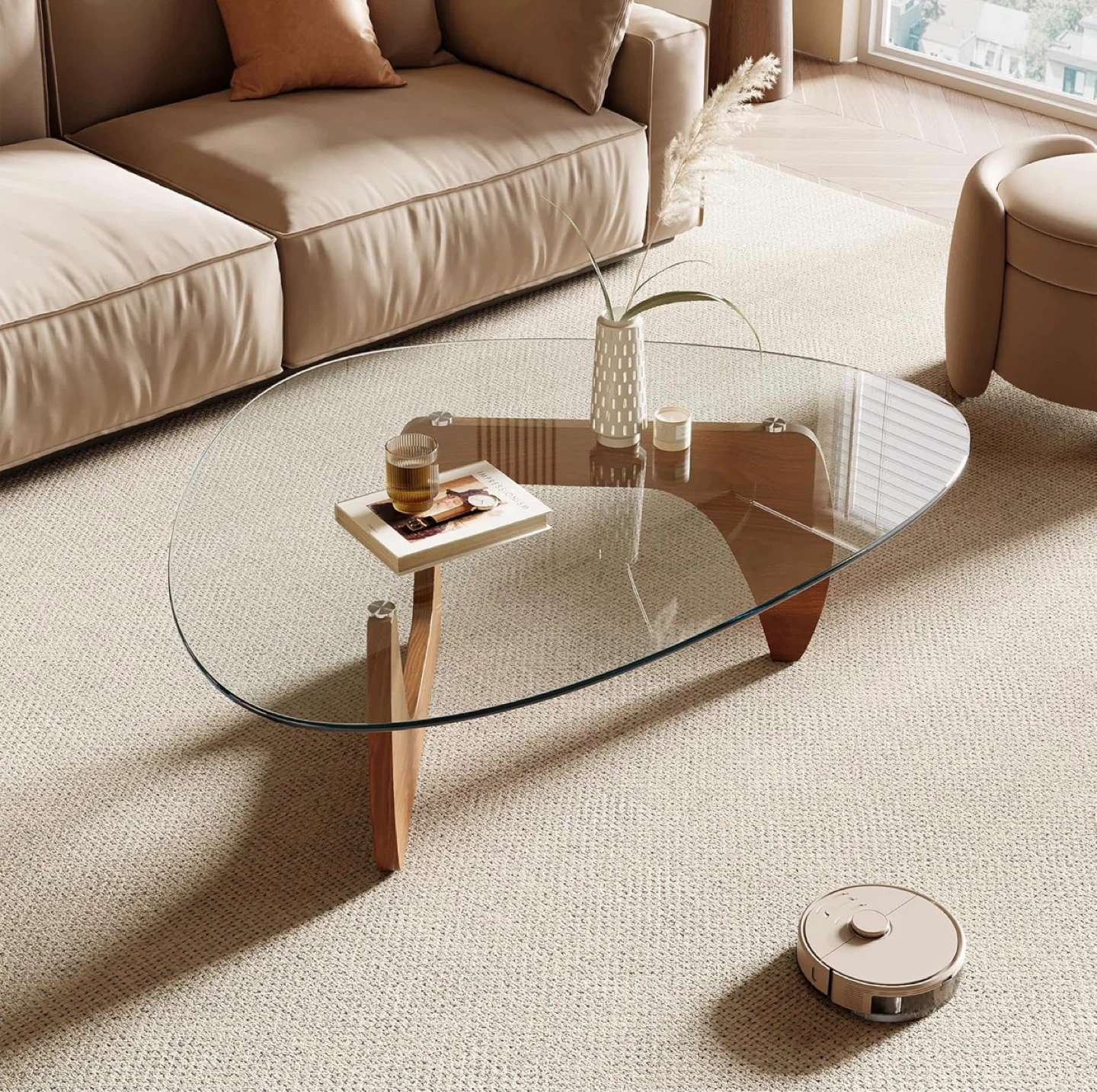 Noguchi styled Coffee Table with Wood Base