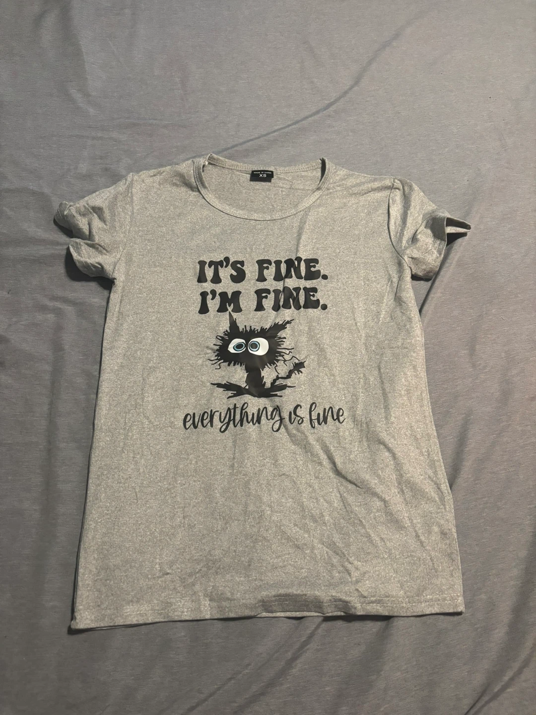 Grey T-Shirt with Cat Graphic - Size XS